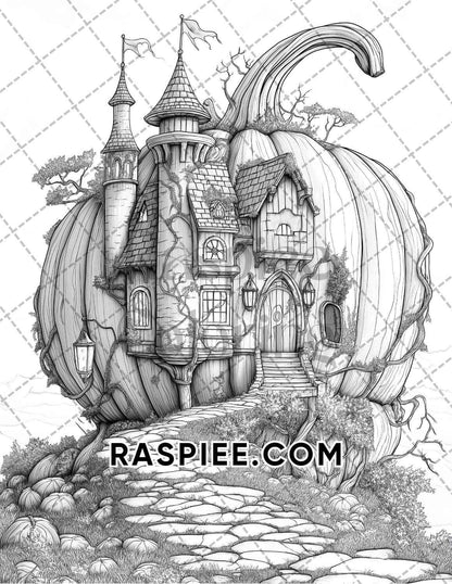 Fantasy Giant Pumpkin Castles Adult Coloring Pages Printable PDF Instant Download - RASPIEE