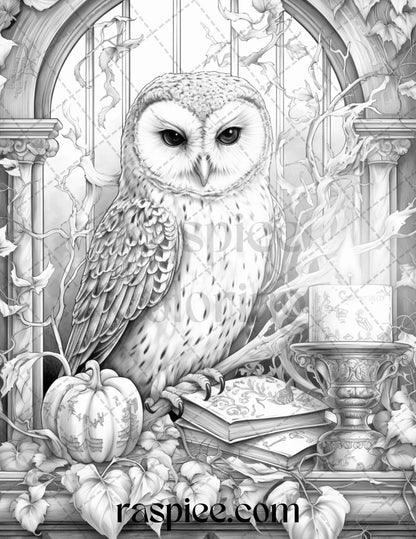 Halloween Witch Owl Grayscale Coloring Pages for Adults and Kids, Printable PDF Instant Download