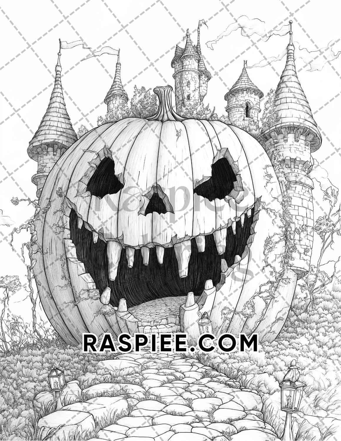 Fantasy Giant Pumpkin Castles Adult Coloring Pages Printable PDF Instant Download - RASPIEE