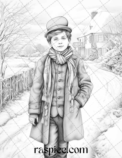 60 Victorian Winter Portrait Grayscale Coloring Pages Printable for Adults, PDF File Instant Download