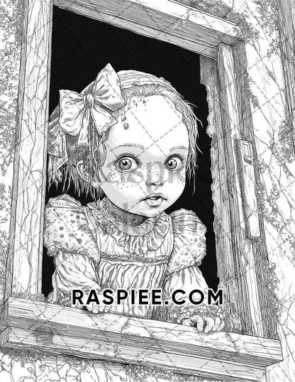 Haunted Dolls Halloween Horror Adult Coloring Pages Printable PDF Instant Download - RASPIEE