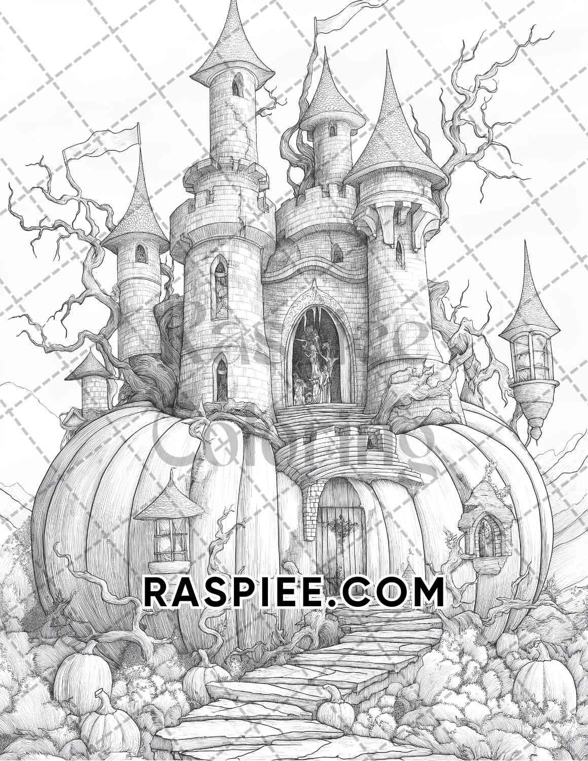 Fantasy Giant Pumpkin Castles Adult Coloring Pages Printable PDF Instant Download - RASPIEE