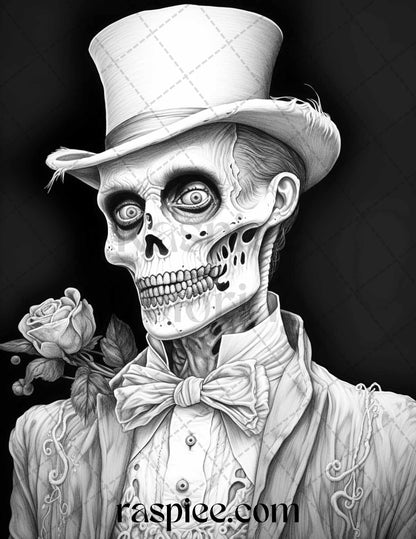 60 Halloween Victorian Era Grayscale Coloring Pages Printable for Adults, PDF File Instant Download