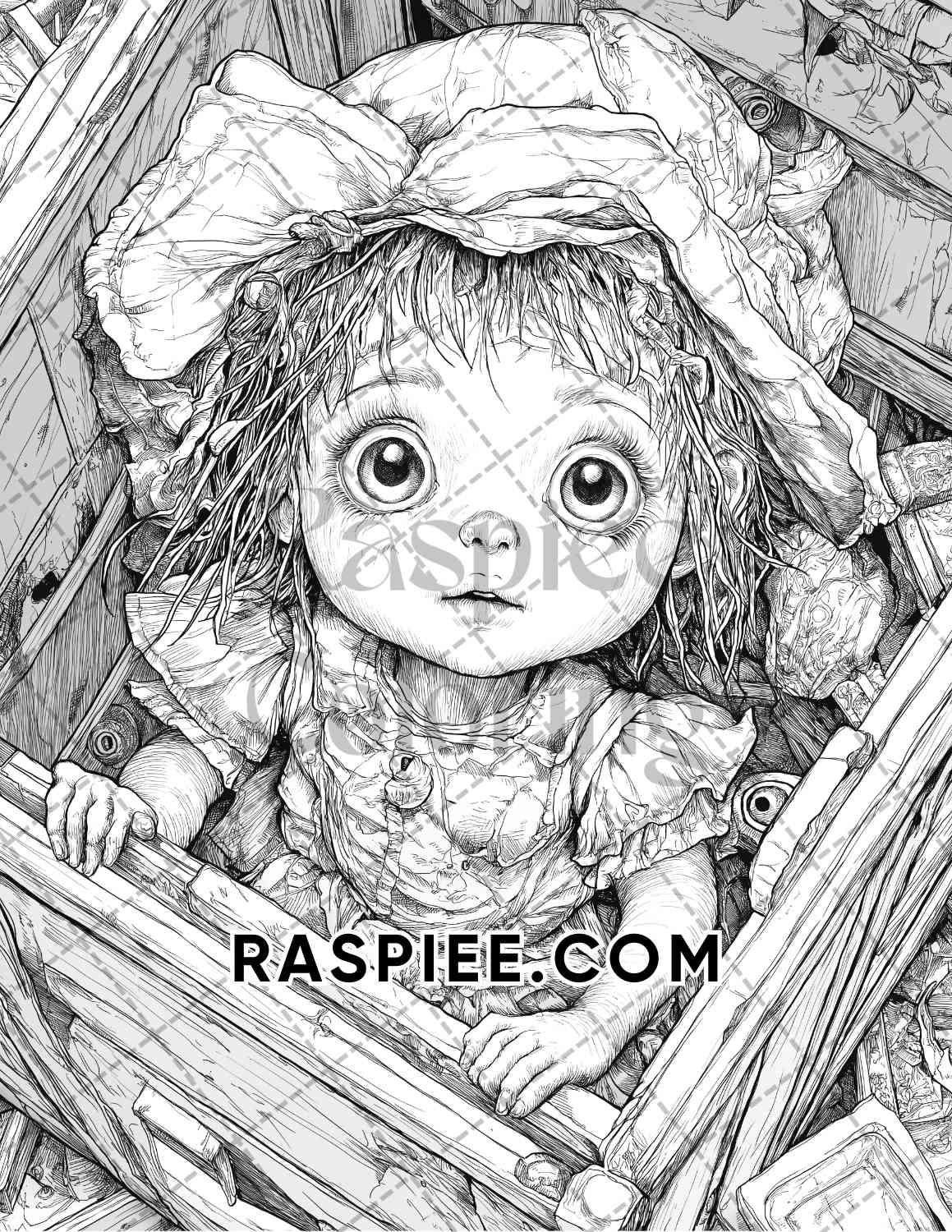 Haunted Dolls Halloween Horror Adult Coloring Pages Printable PDF Instant Download - RASPIEE