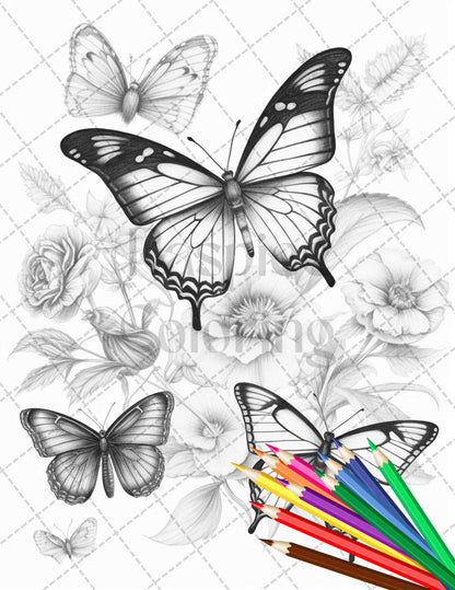 Vintage Botanical Butterfly Grayscale Coloring Pages Printable for Adults, PDF File Instant Download - raspiee