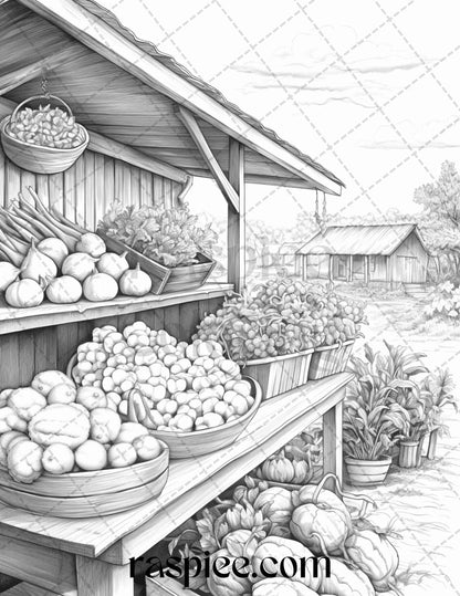 Grayscale coloring pages for adults, Printable farmhouse coloring sheets, Relaxing stress relief coloring book, Nature-inspired serene coloring pages