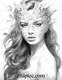 40 Masquerade Girls Grayscale Coloring Pages Printable for Adults, PDF ...