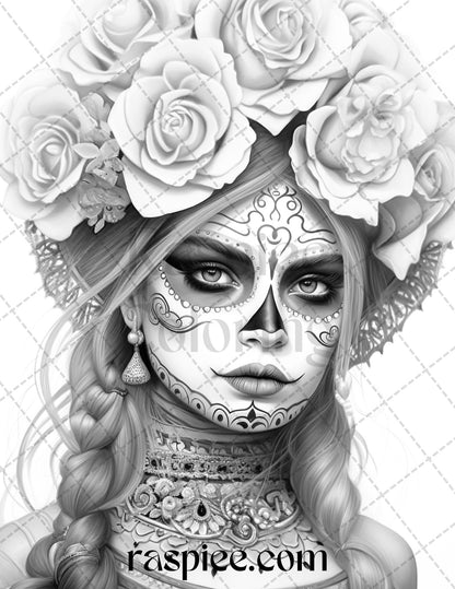 Halloween coloring pages, Grayscale coloring for adults, Witchcraft grayscale coloring pages, Pumpkin coloring printable, Holiday coloring pages, Stress relief coloring, Halloween coloring ideas, halloween girl grayscale coloring pages, halloween coloring pages for adults
