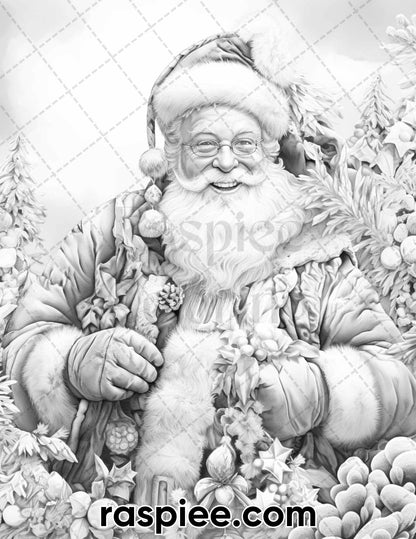 Christmas Santa Claus coloring pages, adult coloring pages, adult coloring book, christmas coloring pages for adults, christmas coloring sheets, xmas coloring pages, holiday coloring pages for adults, winter coloring pages for adults, grayscale coloring pages, christmas coloring book printable