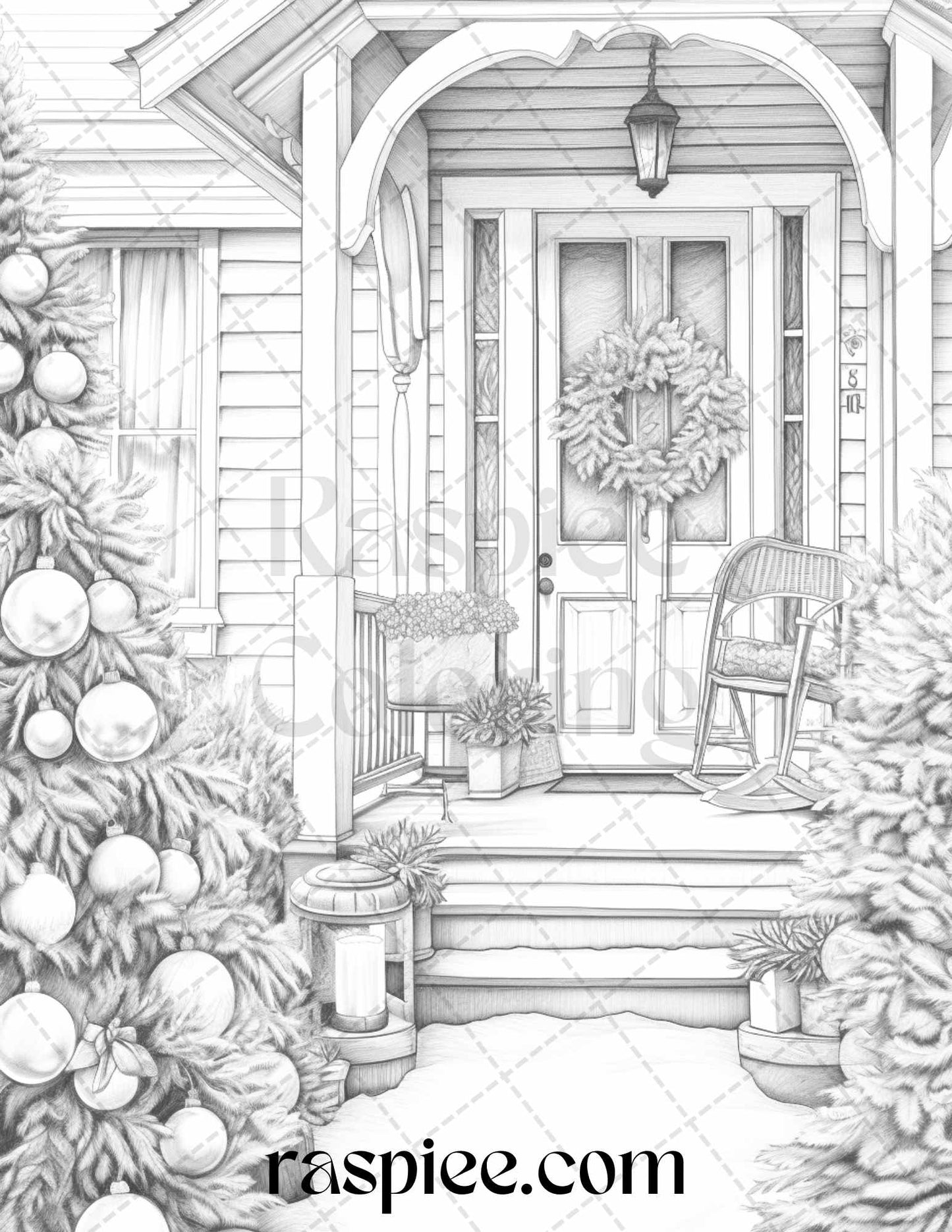 Christmas decoration grayscale coloring page, Adult printable coloring page, Festive holiday coloring pattern, Christmas ornaments coloring image, Xmas coloring design for adults