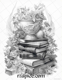 50 Magical Books Grayscale Coloring Pages Printable for Adults, PDF Fi ...