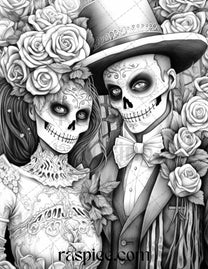 50 Day of the Dead Grayscale Coloring Pages Printable for Adults, PDF