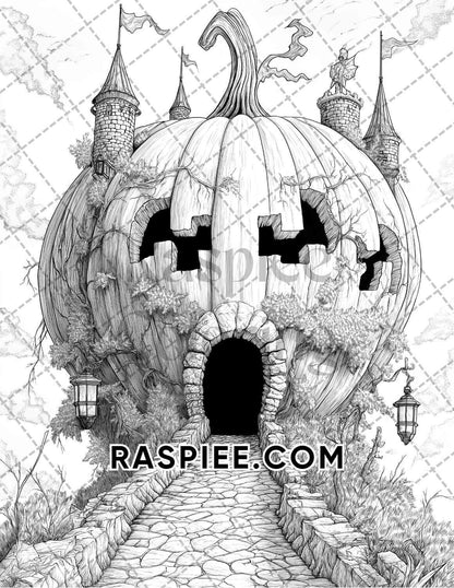 Fantasy Giant Pumpkin Castles Adult Coloring Pages Printable PDF Instant Download - RASPIEE