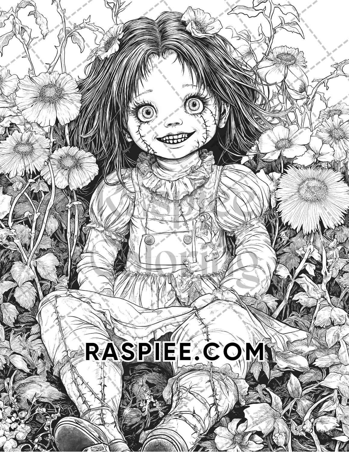 Haunted Dolls Halloween Horror Adult Coloring Pages Printable PDF Instant Download - RASPIEE