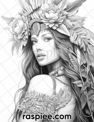 60 Bohemian Beauties Grayscale Coloring Pages for Adults, Printable PD ...