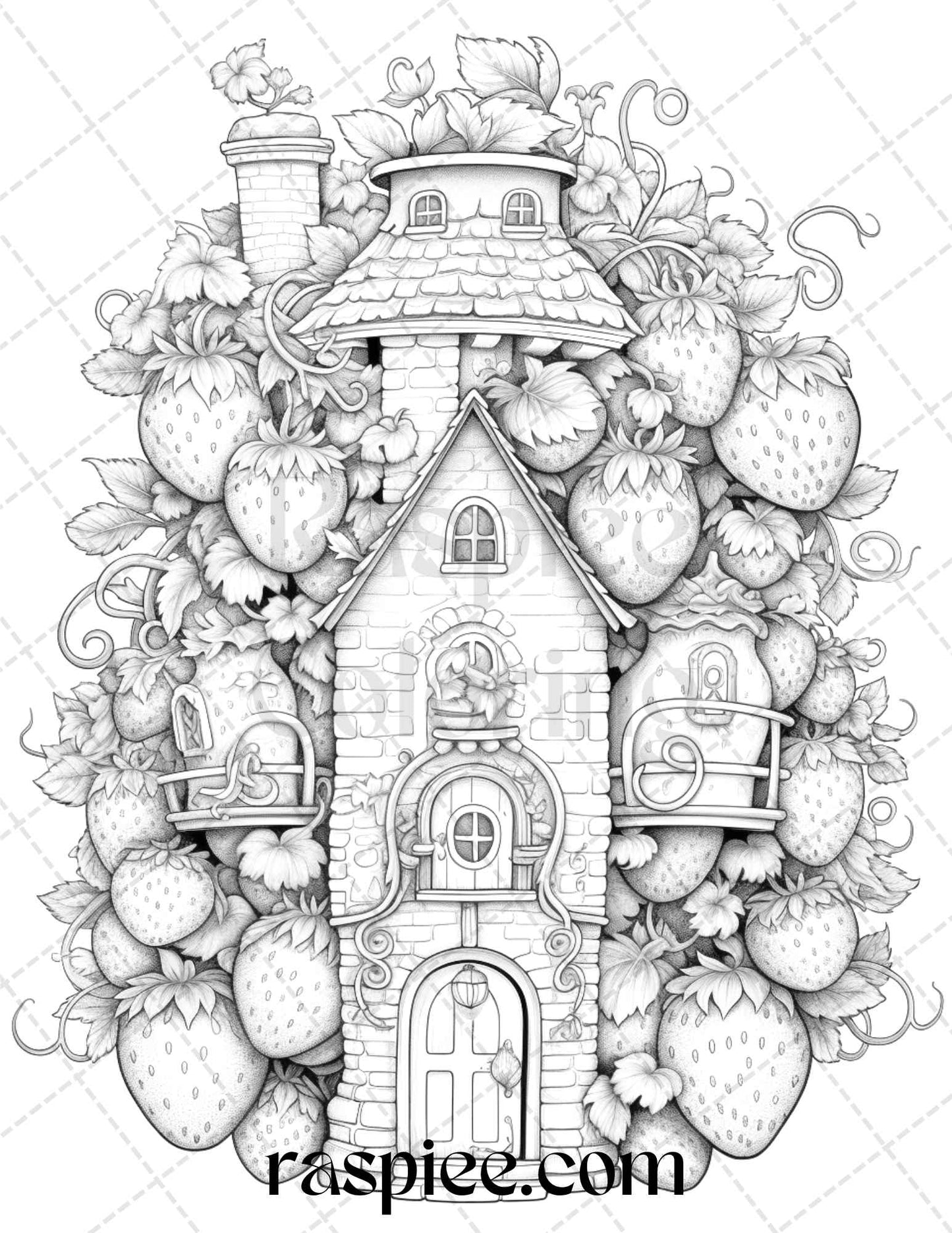 grayscale coloring pages, printable coloring pages, adult coloring pages, kids coloring pages, strawberry houses, grayscale art, coloring book, digital download