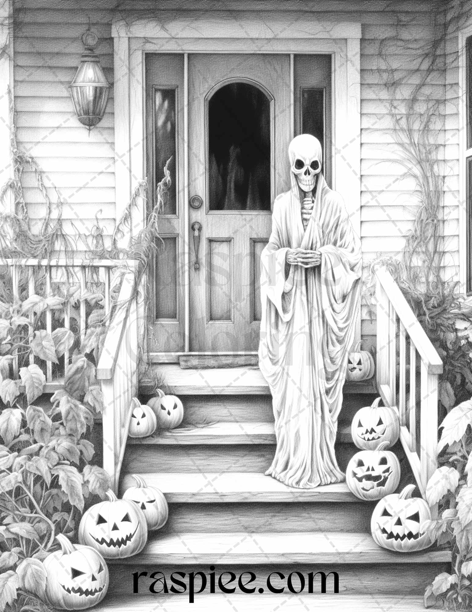 Halloween home decor coloring pages, Spooky haunted house coloring sheets, Autumn-themed adult coloring printables, Macabre Halloween coloring pages, Gothic pumpkin patterns for coloring