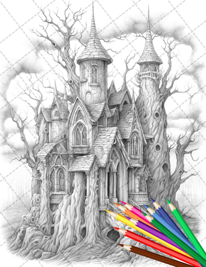 40 Creepy Gothic Houses Grayscale Coloring Pages Printable for Adults, PDF File Instant Download - raspiee