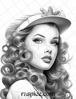 40 Sailor Pin Up Girls Grayscale Coloring Pages Printable for Adults ...