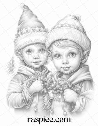 110 Christmas Elves Grayscale Coloring Pages Printable for Adults Kids ...