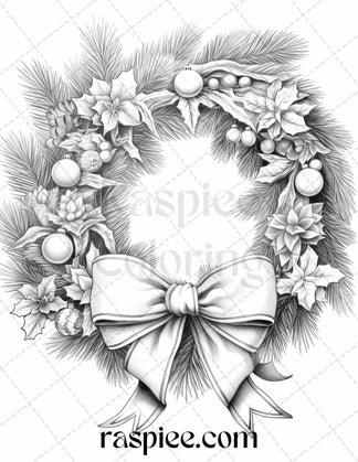 40 Christmas Wreath Grayscale Coloring Pages Printable for Adults, PDF ...