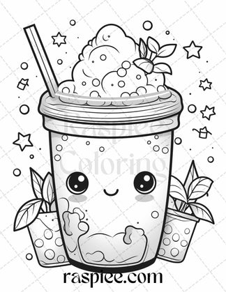 50 Cute Kawaii Boba Tea Grayscale Coloring Pages for Adults and Kids ...