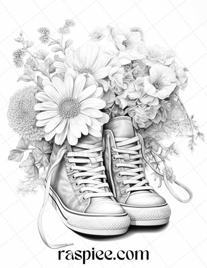 40 Flower Sneakers Grayscale Coloring Pages Printable for Adults, PDF File Instant Download - Raspiee Coloring