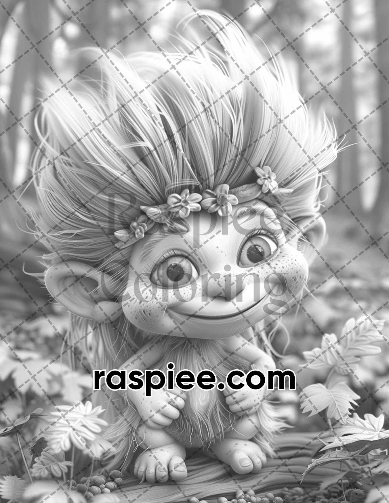 adult coloring pages, adult coloring sheets, adult coloring book pdf, adult coloring book printable, grayscale coloring pages, grayscale coloring books, grayscale illustration, Fantasy Little Trolls Grayscale Adult Coloring Pages