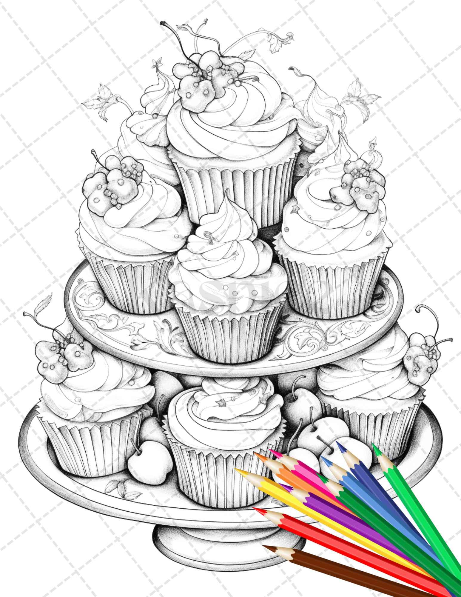 36 Sweet Desserts Coloring Pages Printable for Adults, Grayscale Color