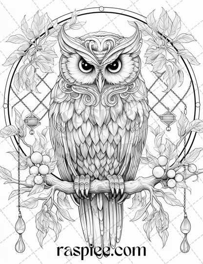 Floral Owl Grayscale Coloring Page, Adult Printable Coloring Art, Detailed Owl Coloring Illustration, Floral Animal Coloring Page, Intricate Adult Coloring PDF, Mindful Relaxation Coloring, Stress Relief Coloring Sheet
