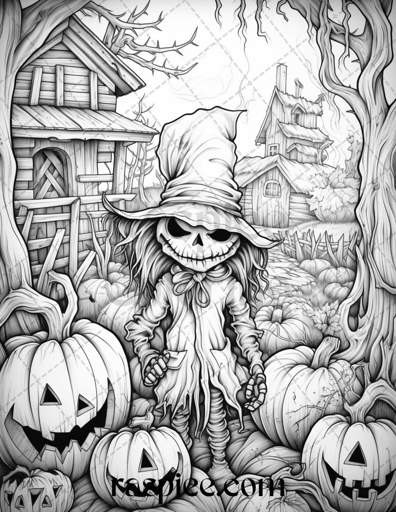 50 Halloween Scarecrows Grayscale Coloring Pages Printable For Adults