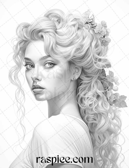 Grayscale coloring page of a beautiful hairstyle for adults, Printable grayscale art for stress relief and relaxation, Hairstyle coloring book page for creative therapy, Relaxing grayscale coloring activity for adults