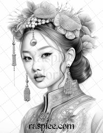 40 Beautiful Chinese Girls Grayscale Coloring Pages for Adults, Printa ...