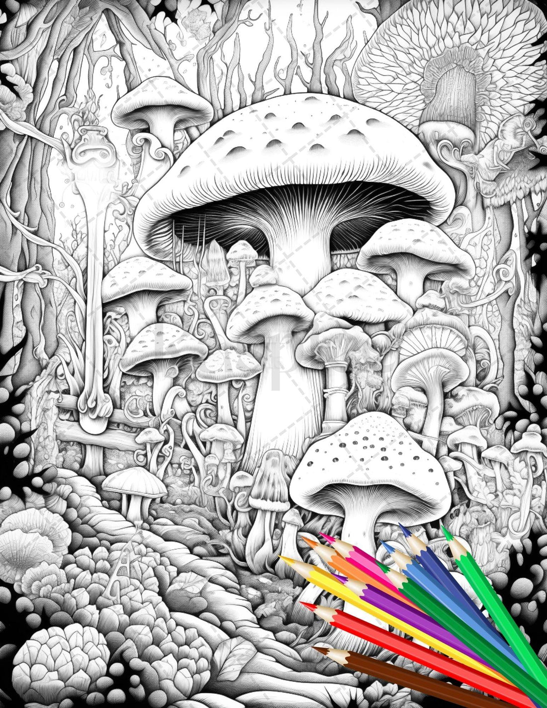Psychedelic Mushroom Forest Coloring Book Printable for Adults, Trippy