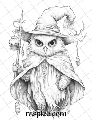 Halloween Witch Owl Grayscale Coloring Pages for Adults and Kids, Prin ...