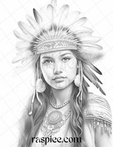 Native American Portrait Grayscale Coloring Pages Printable for Adults ...