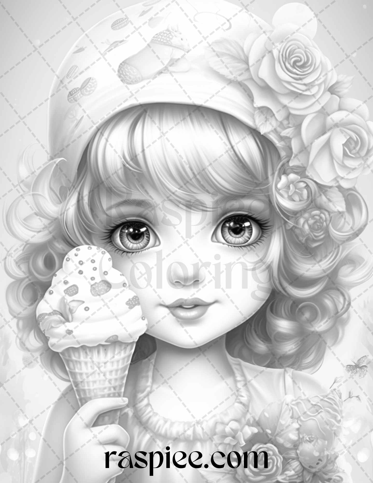 42 Adorable Girls with Ice Cream Grayscale Coloring Pages Printable fo