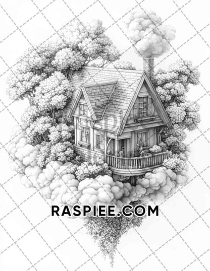 Fantasy Flower Houses Adult Coloring Pages Printable PDF Instant Download