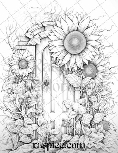 Flower fairy doors grayscale coloring pages, Printable coloring pages for adults, Grayscale art for coloring, Flower and fairy coloring book, Intricate grayscale designs for adults