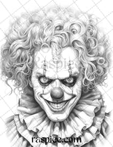 40 Spooky Clowns Grayscale Coloring Pages Printable for Adults, PDF Fi ...