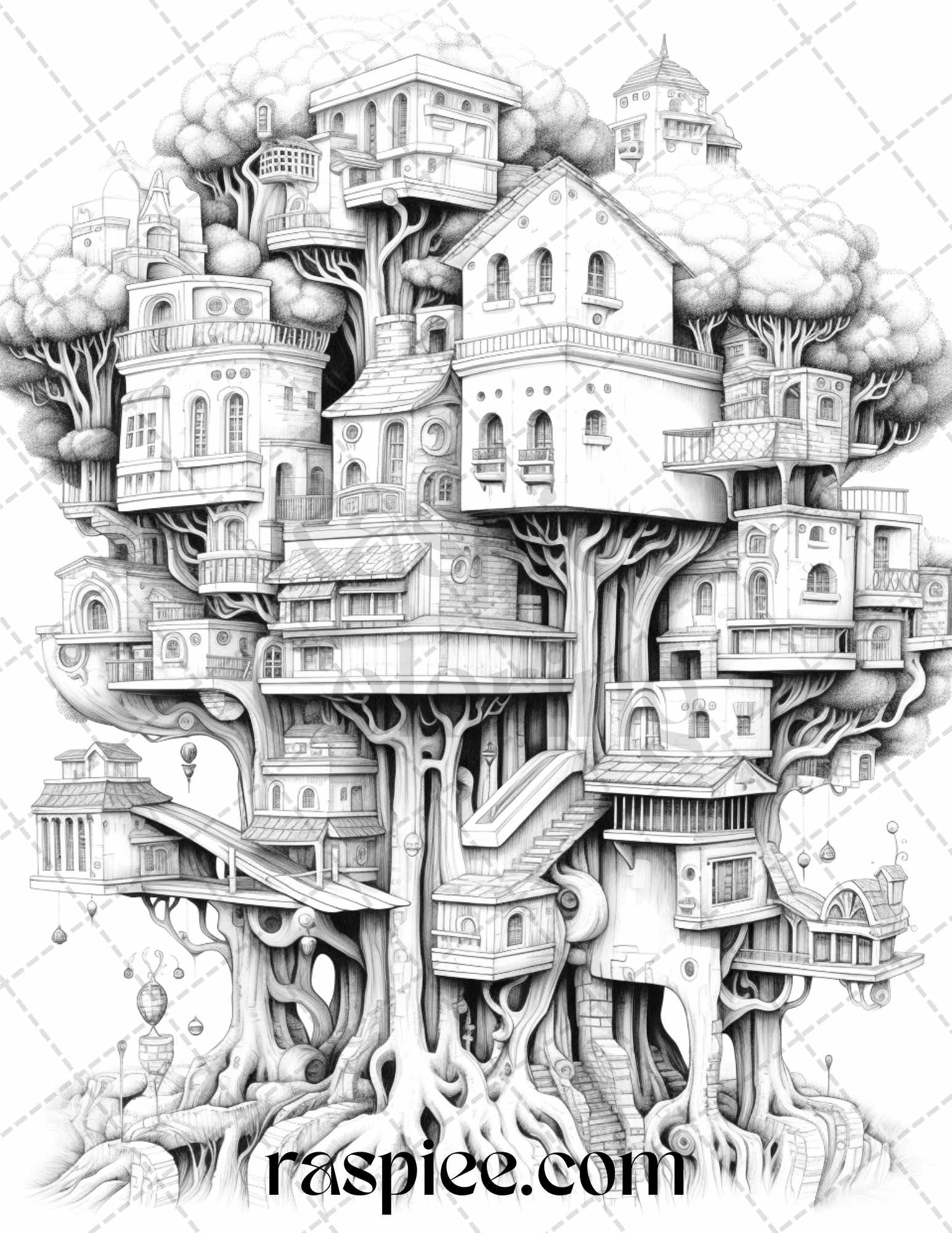 enchanting surrealism grayscale coloring page for adults, meditative grayscale coloring design for stress relief