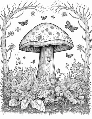 100 Mushroom Forest Coloring Pages Printable for Adults and Kids, Gray ...