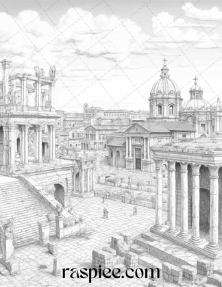 Roman Architecture Grayscale Coloring Pages Printable for Adults, PDF ...