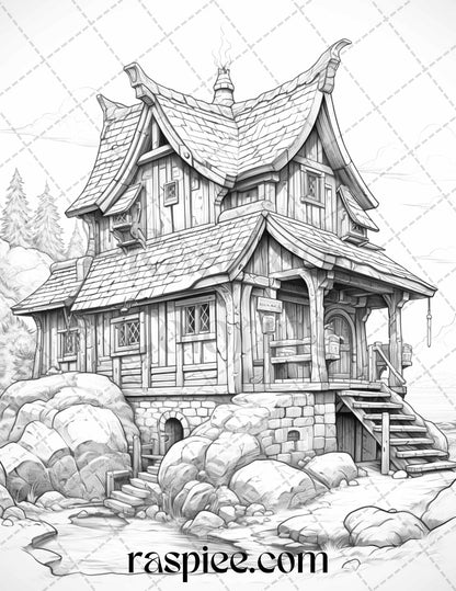 Grayscale coloring pages of Viking houses, Printable grayscale coloring sheets for adults, Viking art coloring pages for stress relief, Nordic theme grayscale illustrations for coloring, Adult coloring pages of Viking houses