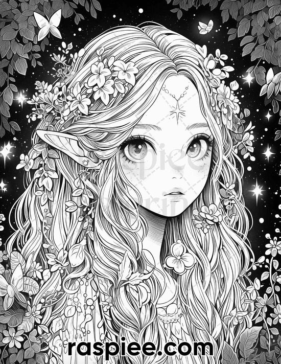 52 Cute Druid Girl Grayscale Coloring Pages for Adults, Printable PDF ...