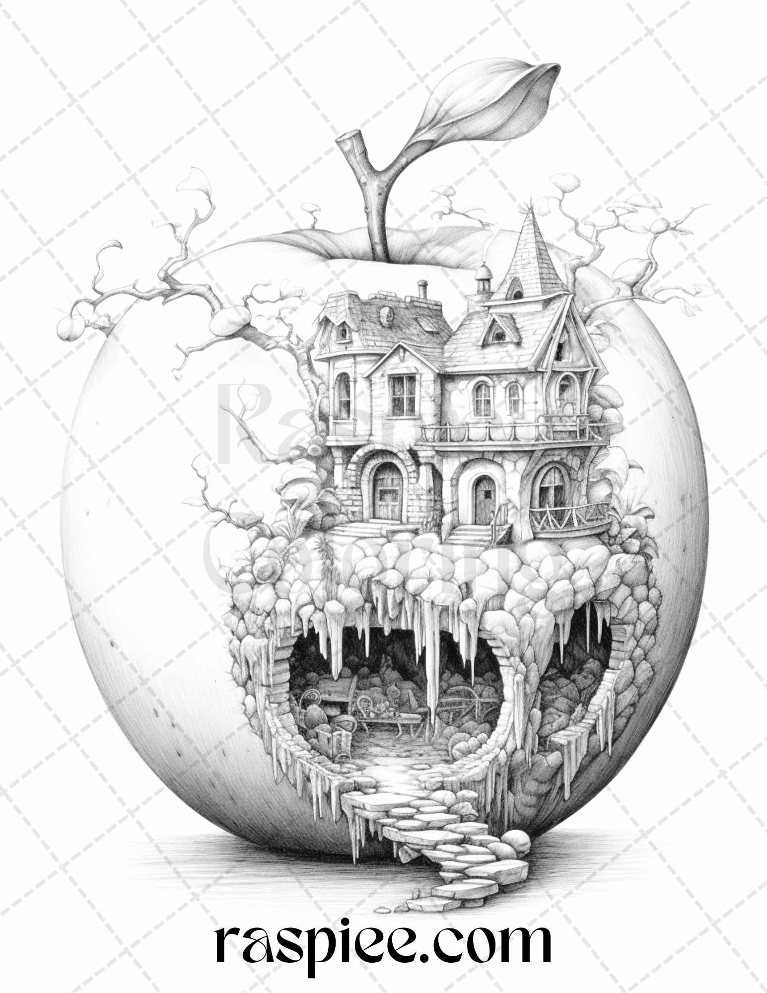 Apple Grayscale Coloring Page, Detailed Apple Coloring Sheet, Relaxing Adult Coloring Page, Stress Relieving Coloring PDF, Miniworld Landscape Coloring, Adult Coloring Stress Relief, Relaxation Coloring Activity