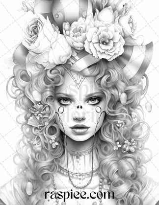 42 Beautiful Clown Girls Grayscale Coloring Pages Printable for Adults ...