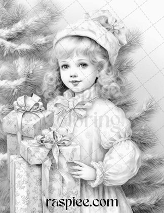 50 Vintage Christmas Girls Grayscale Coloring Pages for Adults and Kid ...