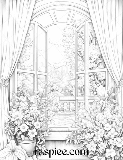 Grayscale Coloring Pages for Adults, Printable Blooming Windows Coloring Sheets, Adult Coloring Art Therapy Printable, Digital Coloring Book for Adults, FLower Coloring Pages for Adults, Mindfulness Coloring Activity Download