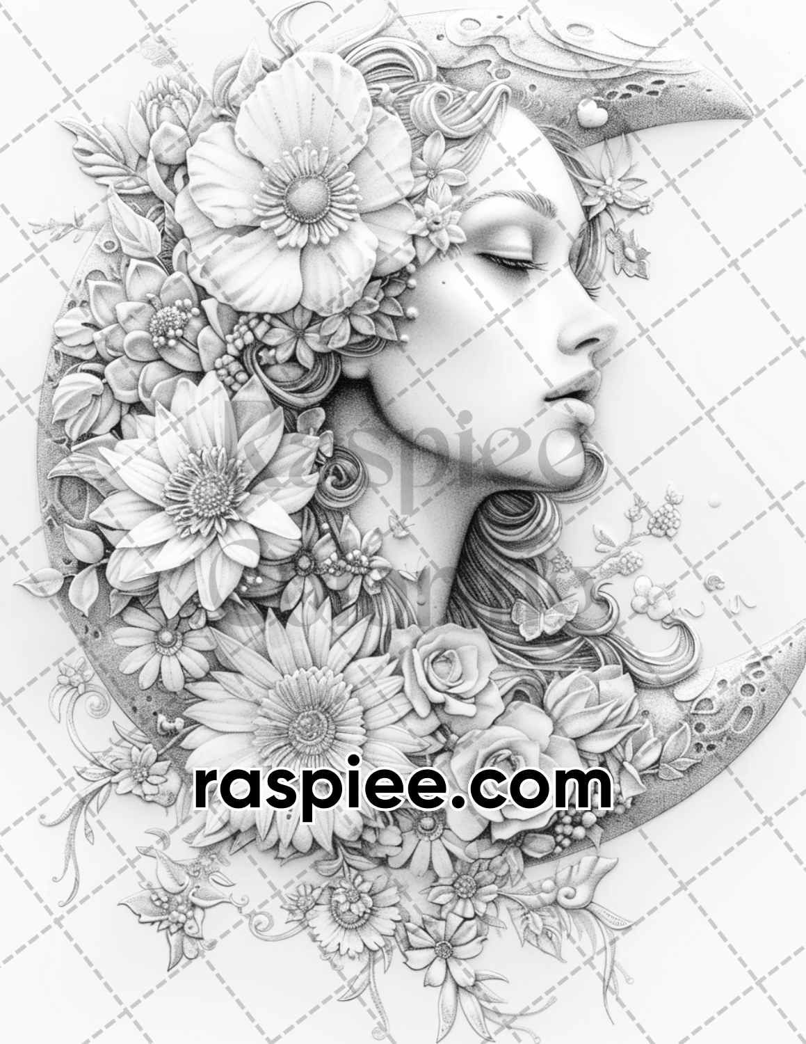 adult coloring pages, adult coloring sheets, adult coloring book pdf, adult coloring book printable, grayscale coloring pages, grayscale coloring books, grayscale illustration, boho moon floral adult coloring pages, boho moon floral coloring book